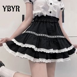 Lolita Women Mini Skirts Sexy Lace High Waist A-line Black Pleated Skirt School Girls Hem Cute Streetwear Harakuju 240314