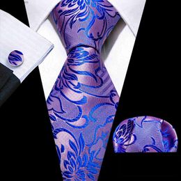 Neck Ties Elegant Mens Tie Purple Jacquard Cufflinks Pocket Square Sets Fashion Floral Woven Neck-Ties For Male Party Wedding Barry.Wang Y240325