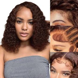 FABA Chocolate Deep Wave Front Wigs 14 Inch 13x4 Lace Front for Woman 180% Density with Baby Brown Curly Human Hair Wig