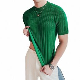 2022 Summer Knitted Elasticity T Shirt Men Half High Collar Short Sleeve Casual Slim Fit Sweater Tops Tees Social Club T-Shirt 78Ls#