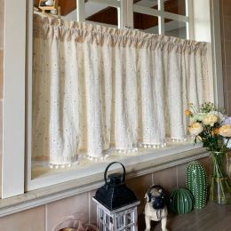 Curtains Hairball Tassels Short Curtains Small Fresh Daisy Floral Embroidery Curtian for Kitchen Window Dining Door Partition Decoration