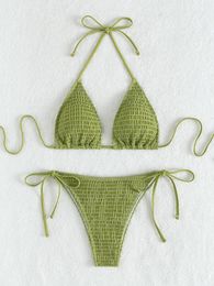 Women's Swimwear Summer Pleate Bikini Set 2024 Mujer Women Green Push Up Tie Side Thong Swimsuit Brazilian Bandage Bathing Suit Micro