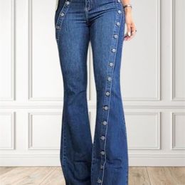 Women High Jeans Fashion Plain Button Decor Flare Leg Long Denim Pants Vintage Casual Streetwear Female Flare Denim Pants 2023 240311