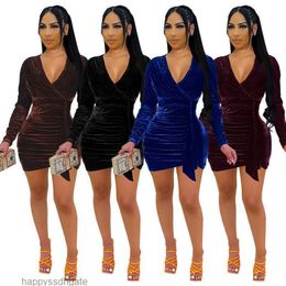 Womens Clothing Evening Dress Solid Gold Velvet Pleated Sexy Deep V-Neck Hip Wrap Nightclub Dresses Long Sleeve Party Skirt