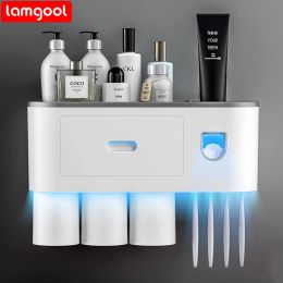 Holders Lamgool Magnetic Toothbrush Holder Wall Storage Rack Cups Dispenser Automatic Toothpaste Squeezer Storage Rack for Bathroom