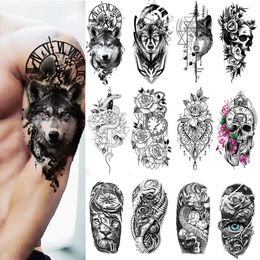 100 Piece Wholesales Waterproof Temporary Tattoo Sticker Wolf Tiger Fox Skull Snake Flower Body Arm Henna Fake Sleeves Man Women 240311