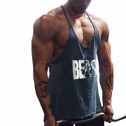 men's Gym Workout Bodybuilding Printed Muscle Stringer Extreme Y Back Fitn Tank Tops 477b#