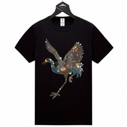 2023 High Quality Red-Crowned Crane Rhinestes Men's Short Sleeve T shirts Cott S-5XL Flying Birds Print O Neck Tees P9Dg#