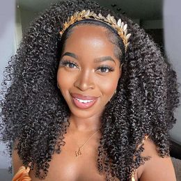 XSY Kinky Headband for Women Curly Wigs Glueless None Lace Front Wig Brazilian Virgin Human Hair 150% Density Natural Black Color 20 Inch