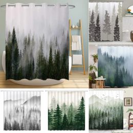 Curtains Misty Forest Woodland Shower Curtains Nature Shower Curtain Fall Shower Curtain Waterproof Polyester Fabric Home Decor with Hook