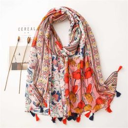 Sarongs Yitao Scarf New Cotton Linen Scarf Womens Korean Retro Pink Totem Ethnic Style Shawl Beach Towel 240325