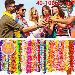 Wreaths 40100pcs Hawaiian Wreath Hawaiian Party Decoration Garland Artificial Necklace Hawaii Flowers Spring Party Beach Leis Bracelet