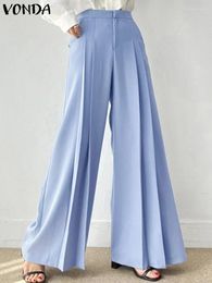 Women's Pants VONDA Elegant Office Suit Women 2024 Fashion Solid Color Wide Leg High Waist Pockets Casual Pleated Long Trousers