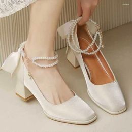 Dress Shoes High Heels Women Red Thick Square Toe Single Womens Xiuhe Wedding Two Pairs Of Pearl Bridal For Women's