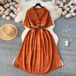 Party Dresses Dress For Women Turn-down Collar Solid Color A-line Streetwear Woman French Chic Summer Vestidos De Mujer Belt Drop