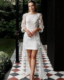 Simple Short Wedding Dress With Train Flower Lace Appliques Scoop Three Quarter Sleeves Backless Bridal Civil Gowns Vestido De Novia