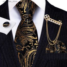 Neck Ties Neck Ties Barry.Wang Gold Black Jacquard Silk Mens Tie Hanky Cufflink Brooch Set 20 Patterns Design Necktie Pin For Male Wedding Business Y240325