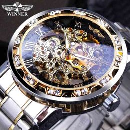 Winner Transparent Fashion Diamond Luminous Gear Movement Royal Design Men Top Brand Luxury Male Mechanical Skeleton Wrist Watch 22343