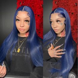 Midnight Blue Straight Lace Frontal Human Hair Wigs Brazilian 13X6 Lace Front Wig Dark Blue 250% Density Full Lace Wig for Women