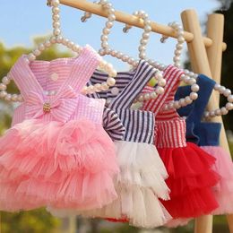 Dog Apparel Candy Colour Stripe Dress Clothes Bowknot Decor Suspender Skirt Small Clothing Cat Fashion Kawaii Party Costume Pet Items