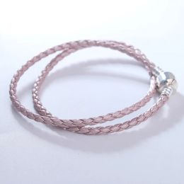 Bangles Light Pink Leather Bracelets for Women Silver 925 Jewelry Signature Classic Clasp Woven Chain Braided Rope Charms Bracelet DIY