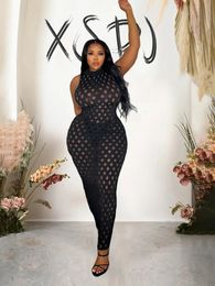 Black Long Dress High Stretch Plus Size Women Hollow Out Sleeveless Night Club Sexy Tight Dresses Wholesale Drop 240312