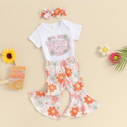 Clothing Sets FOCUSNORM 0-18M Summer Infant Baby Girls 3PCS Clothes Short Sleeve Letter Print Romper Floral Flared Pants Headband