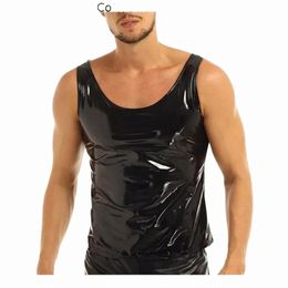 men Wet Look PVC Patent Leather Undershirt Tank Tops Vest Sleevel T-Shirt Mirrored Bright Leather Fit Sexy F7hO#