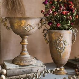 Vases Classical Goblet Flower Vintag Vase Flower Pot Retro Wrought Iron bouquet Arrangement Gold Candlestick Vase table Decorate Home