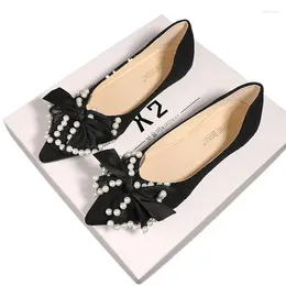 Casual Shoes Women Flat Elegant Pointed Toe Ballet Bling Pearl Bow Flats Lady Shiny Comfort Plus Size 43 Zapatos Planos