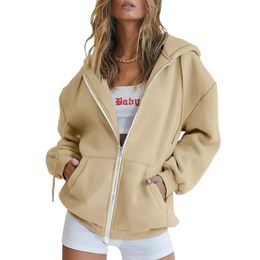 Womens Fashion Sweatshirts Vintage Korean Solid Colour Long Sleeve Loose Pullovers Soft Warm Zip Up Hoodies For Women 240313