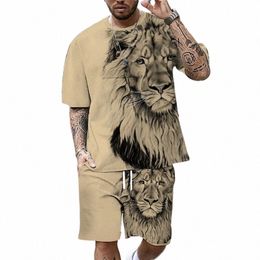 plus Size 3D Li Print Men's Cool T-shirt Shorts Set For Sports fitn Summer Street Style Oversized Graphic 2Pcs Men Clothing O8MJ#