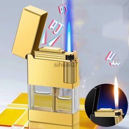 Lighters New Double Fire Transparent Air Chamber Direct Flame Conversion Metal Lighter Laser Carving Advertising Lighter 240325