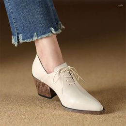 Dress Shoes Spring Genuine Leather Women Pointed Toe Pumps Fashion High Heel Loafers For Chunky Black