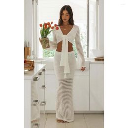 Cover-ups Knitted Sexy See Through Mesh Beach Cover Summer Crop Top Blouse Long Skirt Two-piece Set Hollow Out Dress Women