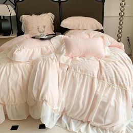 Bedding Sets Pink Princess Set Korean Style Chiffon Lace Hollow Out Embroidery Ruffles Duvet Cover Bed Sheet Pillowcases Home Textile