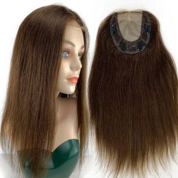 Toppers #4 Brown Human Hair Topper for Women Replacement Remy Hair Skin Scalp Silk Top 6X6inch with 0.5cm Transparent Lace Clip Ins