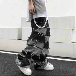 Men's Jeans Tassel jeans mens patches wide legs lazy style hip-hop loose denim pants mens torn pockets Distressed Stacked jeans Y2K GrungeL2403