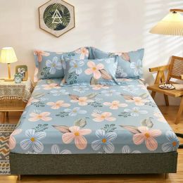 Set Flower Hotel Fitted Bed Sheet with Elastic Band and 2 Pillowcases 100% Cotton Breathable Comfortable Mattress Cover 16 Sizes