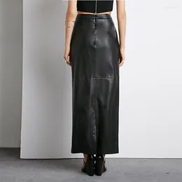 Skirts Women's Elegant Skirt Office Lady Fashion PU Leather Midi Long Women Slim High Waist Black Spring Autumn 2024