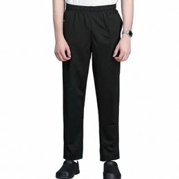 Calças de chef unissex soltas cintura elástica macia respirável bolsos elásticos serviço cozinheiro restaurante uniforme garçom calças seguras H3dU #