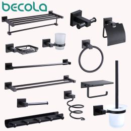 Set Becola Solid Aluminium Bathroom Hardware Accessories Black Shelf Single Towel Holder Wall Air Blower Rack Toilet Brush Hook