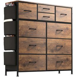 Lulive Dresser Bedroom 10 Drawers, Chest of Drawers with Side Pockets and Hooks, Fabric Storage Organiser Unit for Living Room, Hallway, Closet (rustic Brown)