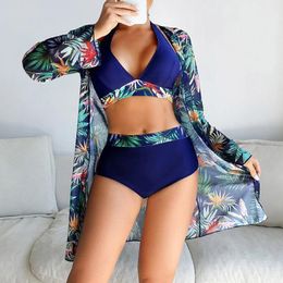 Women's Swimwear 2024 Floral Print Bikini Set Women High Waist Swimsuit Long Sleeve Cover Up Three Pieces Summer Beach Bathing Suit