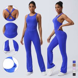 Lu251 Women Fiess Jumpsuit Cross Back Vest Lu Lu Flare Leg Designer One Piece Running Training with Padded Yoga Set Bodysuits 5 Colours