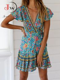Women Summer Mini Casual Short Sleeve Floral Print V Neck Sexy Wrap Boho Beach Dress Robe S~5XL 240313