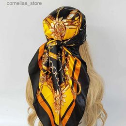 Bandanas Durag Luxury Brand Silk Satin Square Scarf Women Hijab Bandana Shawl Wrap Ladies Headband Neckerchief Foulard 90cm Y240325