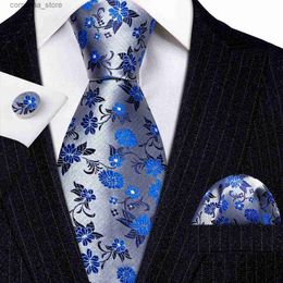 Neck Ties Neck Ties Designer Blue Floral Silk Tie for Mens Necktie Handkerchief Cufflinks Set Wedding Party Business Gravatas BarryWang 6253 Y240325