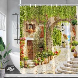 Curtains European Landscape Shower Curtains Green Vines Plants Flowers Vintage Street Scenery Polyester Bathroom Curtain Decor with Hooks