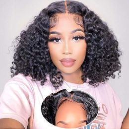 Xinjiju Wear and Go Short Curly for Black Women Human Hair 6x4 Glueless Bob Wig Plucked Pre Cut Natural Hairline Water Wave Lace Front Wigs 180% Density 12 Inch